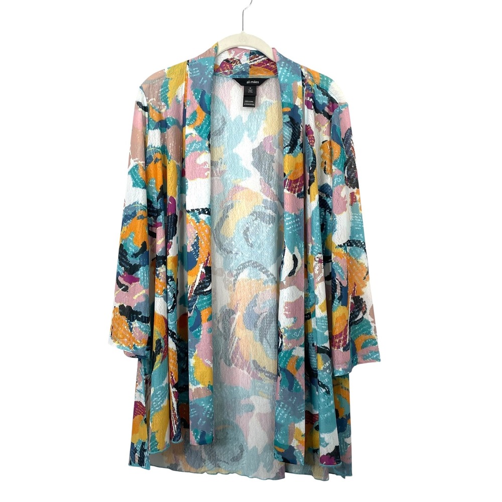 Ali Miles mesh watercolor abstract print duster cardigan topper Size M artsy